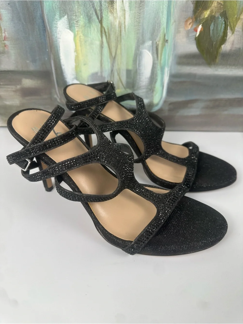 Mix No. 6 Black Glitter Strappy Stiletto Heels